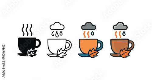 Vector icon hot tea rainy day autumn same pose same proportions four styles black solid glyph outline minimal flat multicolor filled cartoon flat shaded.
