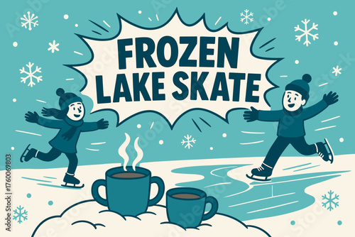 lake skate banner flat vector illustration bold oversized text inside comic burst cartoon characters gliding on banner shaped like ice cocoa mugs on snowbank teal blue and snowy white color.