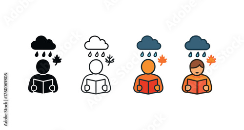 Vector icon person reading book rainy day autumn same pose same proportions four styles black solid glyph outline minimal flat multicolor filled cartoon flat shaded.