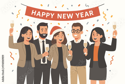 Group of coworkers celebrating office New Year party modern flat vector illustration 5 people with glasses of champagne and confetti neutral corporate palette with bright accents festive.