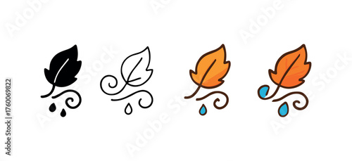 Vector icon leaf swirl in rain autumn same pose same proportions four styles black solid glyph outline minimal flat multicolor filled cartoon flat shaded.