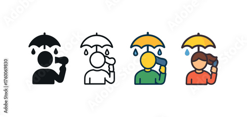 Vector icon person drying hair rainy autumn same pose same proportions four styles black solid glyph outline minimal flat multicolor filled cartoon flat shaded.
