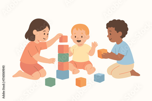 Children playing with toy blocks minimalistic flat vector illustration 3 kids stacking colorful cubes pastel palette playful atmosphere.