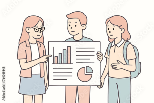 Students presenting project at school outlined flat vector illustration 3 kids with poster board pastel tones focused educational mood.