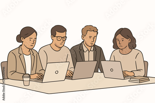 Office team working on laptops outlined flat vector illustration 4 coworkers at desk neutral corporate palette focused mood.