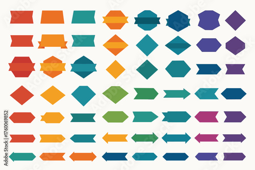 flat geometric ribbon labels set 50 designs trapezoid hexagon diamond arrow shapes flat solid fills clean vector edges.