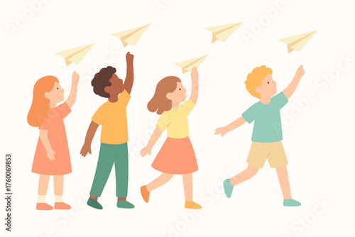 Group of kids flying paper planes minimalistic flat vector illustration 4 children with folded planes pastel spring palette playful atmosphere.