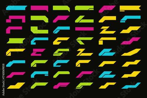 flat neon tech ribbons set 40 variations cyan magenta lime solid fills futuristic geometric designs straight and angled ribbons flat cyberpunk feel.