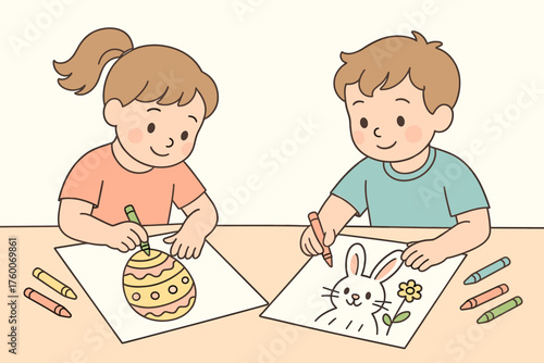 Children coloring Easter drawings outlined flat vector illustration 2 kids with crayons and paper pastel spring palette creative playful mood.