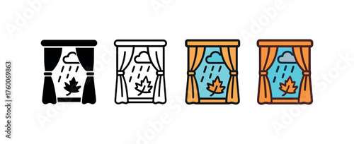 Vector icon window curtain rainy day autumn same pose same proportions four styles black solid glyph outline minimal flat multicolor filled cartoon flat shaded.
