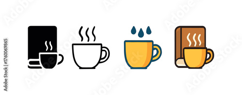 Vector icon book with tea rainy autumn same pose same proportions four styles black solid glyph outline minimal flat multicolor filled cartoon flat shaded.