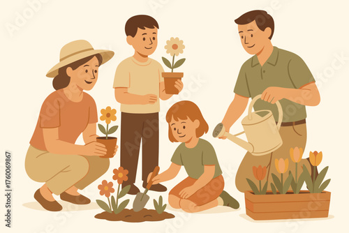 Family enjoying spring gardening retro flat vector illustration 4 people with watering can and flowers muted pastel palette cozy relaxed mood.