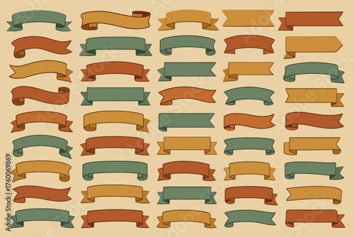 retro muted flat ribbon set vintage shapes 40 forms curled ends folded corners old poster style colors.