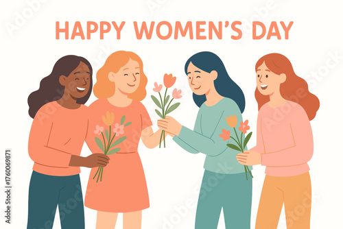 Friends celebrating International Women Day modern flat vector illustration 4 people giving flowers pastel spring palette festive mood.