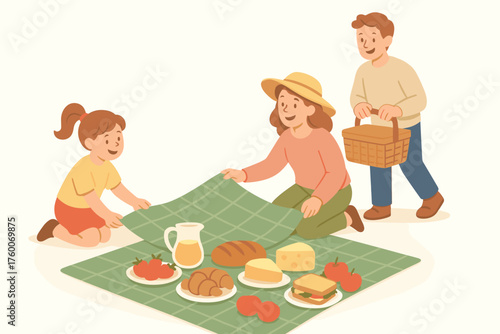 Family preparing garden picnic cartoon flat vector illustration 3 people with blanket and food pastel spring palette cozy cheerful mood.
