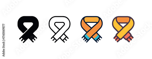 Vector icon knitted scarf winter same pose same proportions four styles black solid glyph outline minimal flat multicolor filled cartoon flat shaded.