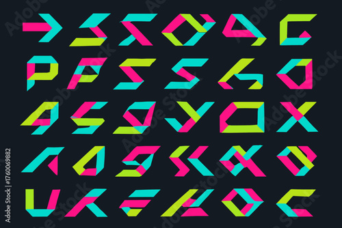 flat neon ribbons 30 futuristic forms solid cyan magenta lime palette geometric angled ribbons dark contrast background.
