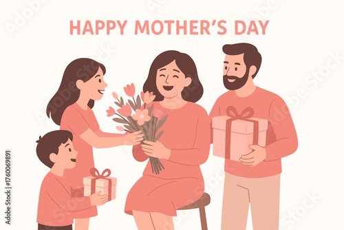 Family celebrating Mother Day modern flat vector illustration 4 people giving flowers and gifts pastel pink palette festive emotional mood.