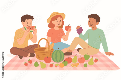 Friends having spring picnic with fruits cartoon flat vector illustration 3 people on blanket with basket pastel spring palette relaxed joyful mood.