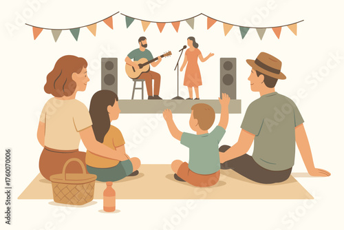 Family enjoying outdoor concert retro flat vector illustration 4 people sitting on blanket muted pastel palette festive relaxed mood.
