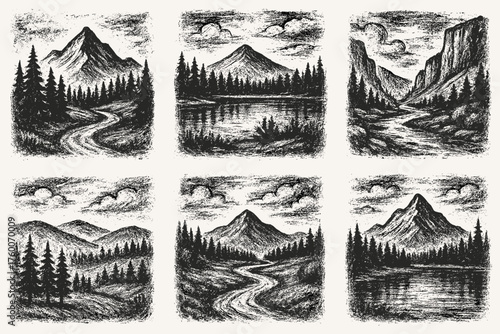 Collection of Grunge artistic black illustrations of mountain and forest landscape designs hills pines lakes rivers cliffs paths sky clouds nature scenery ink engraving sketch style.