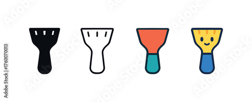 Vector icon ice scraper car winter same pose same proportions four styles black solid glyph outline minimal flat multicolor filled cartoon flat shaded.