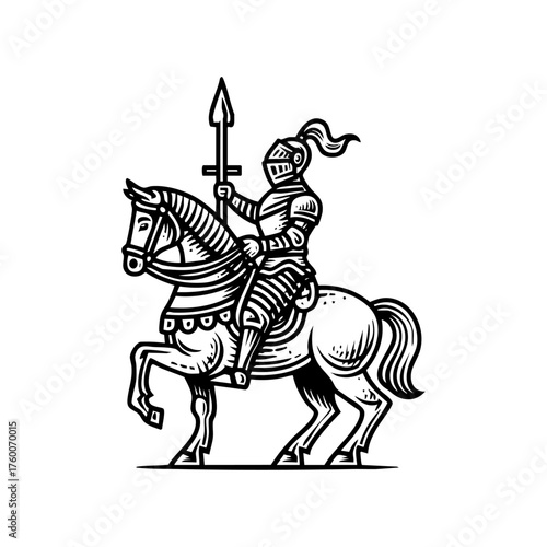 Medieval knight on horseback holding a lance, representing courage, honor, and historical chivalry in a classic European setting.