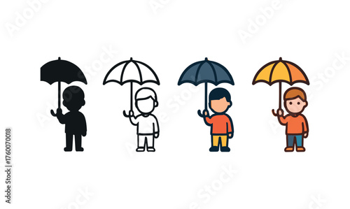 Vector icon child holding umbrella autumn same pose same proportions four styles black solid glyph outline minimal flat multicolor filled cartoon flat shaded.
