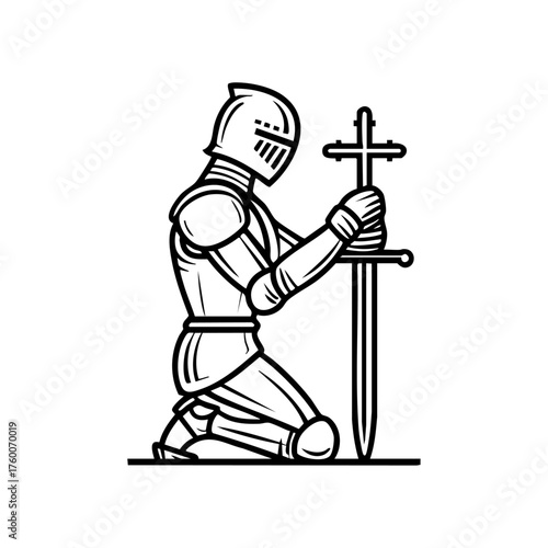 Knight kneeling in prayer with a sword, representing honor, faith, loyalty, and the medieval spirit of courage and devotion.