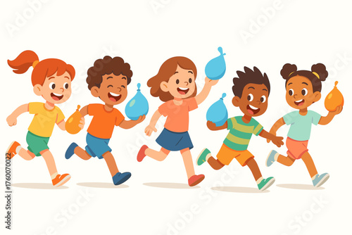 Children running water balloon fight cartoon flat vector illustration 5 kids with balloons bright pastel palette playful energetic mood.