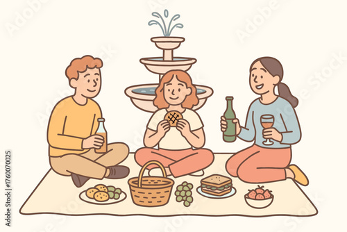 Friends having picnic near fountain doodle flat vector illustration 3 people with snacks and drinks pastel tones relaxed cheerful mood.