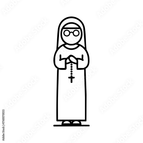 Nun standing in prayer holding a rosary, symbolizing devotion, humility, and deep spiritual faith.
