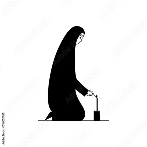 Kneeling nun lighting a candle in prayer, symbolizing faith, hope, and contemplation in spiritual practice.