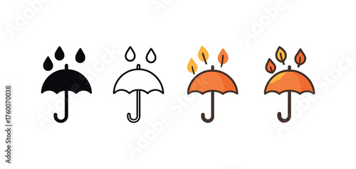 Vector icon transparent umbrella autumn same pose same proportions four styles black solid glyph outline minimal flat multicolor filled cartoon flat shaded.