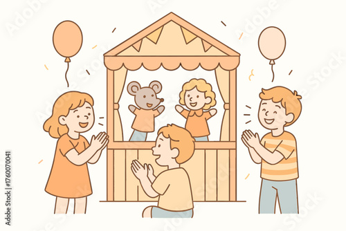 Children enjoying puppet show outdoors outlined flat vector illustration 3 kids clapping and pastel playful palette cheerful festive mood.