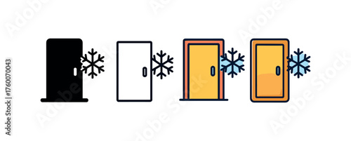 Vector icon insulated door winter same pose same proportions four styles black solid glyph outline minimal flat multicolor filled cartoon flat shaded.
