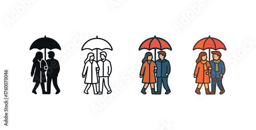 Vector icon couple walking under umbrella autumn same pose same proportions four styles black solid glyph outline minimal flat multicolor filled cartoon flat shaded.