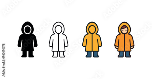 Vector icon person in raincoat with hood autumn same pose same proportions four styles black solid glyph outline minimal flat multicolor filled cartoon flat shaded.