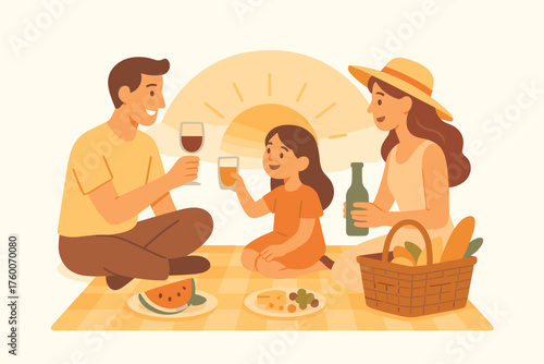Family celebrating summer picnic at sunset cartoon flat vector illustration 3 people with food basket and drinks pastel warm palette cozy festive mood.