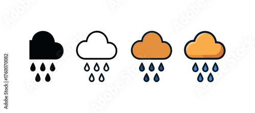 Vector icon heavy rain cloud autumn same pose same proportions four styles black solid glyph outline minimal flat multicolor filled cartoon flat shaded.