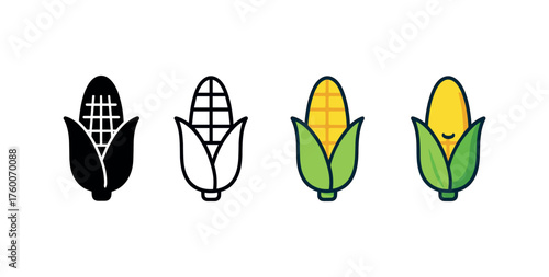 Vector icon corn cob thanksgiving same pose same proportions four styles black solid glyph outline minimal flat multicolor filled cartoon flat shaded.