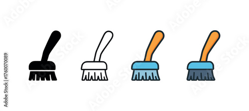 Vector icon snow brush winter same pose same proportions four styles black solid glyph outline minimal flat multicolor filled cartoon flat shaded.