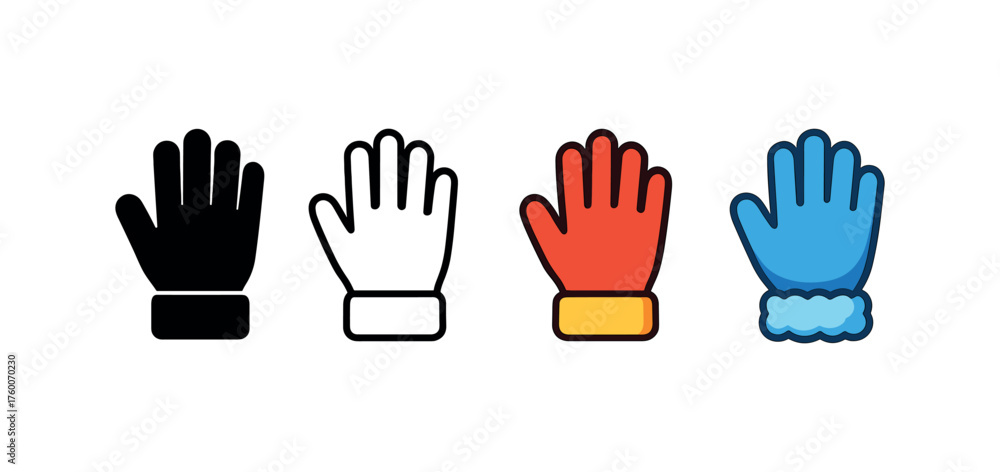 Fototapeta premium Vector icon insulated gloves winter same pose same proportions four styles black solid glyph outline minimal flat multicolor filled cartoon flat shaded.