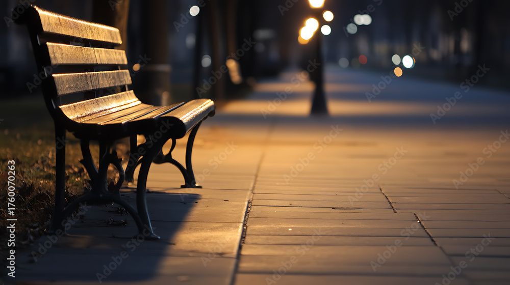 Naklejka premium A tranquil night scene featuring a wooden bench illuminated by soft streetlights. The empty seat invites quiet contemplation amidst the peaceful urban ambiance. Serene.