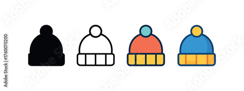Vector icon wool beanie hat winter same pose same proportions four styles black solid glyph outline minimal flat multicolor filled cartoon flat shaded.