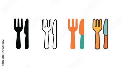 Vector icon tableware fork knife thanksgiving same pose same proportions four styles black solid glyph outline minimal flat multicolor filled cartoon flat shaded.