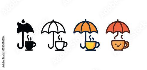 Vector icon umbrella with coffee autumn rain same pose same proportions four styles black solid glyph outline minimal flat multicolor filled cartoon flat shaded.