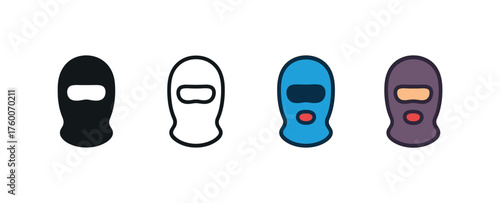 Vector icon balaclava winter same pose same proportions four styles black solid glyph outline minimal flat multicolor filled cartoon flat shaded.