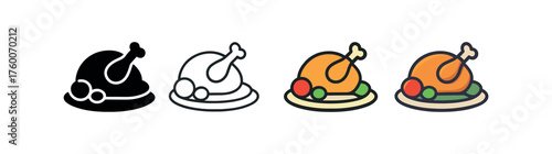Vector icon plate thanksgiving dinner same pose same proportions four styles black solid glyph outline minimal flat multicolor filled cartoon flat shaded.