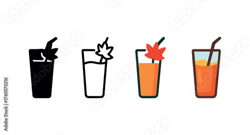 Vector icon glass thanksgiving drink same pose same proportions four styles black solid glyph outline minimal flat multicolor filled cartoon flat shaded.
